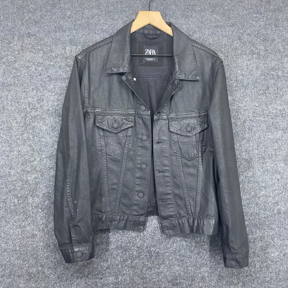 Zara Man Black Wax Coated Denim Trucker Jacket Size Small 1466/302/800